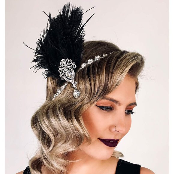 SWEETV 1920s Black Ostrich Feather Headpiece - Ribbon Tie - Picture 1 of 7